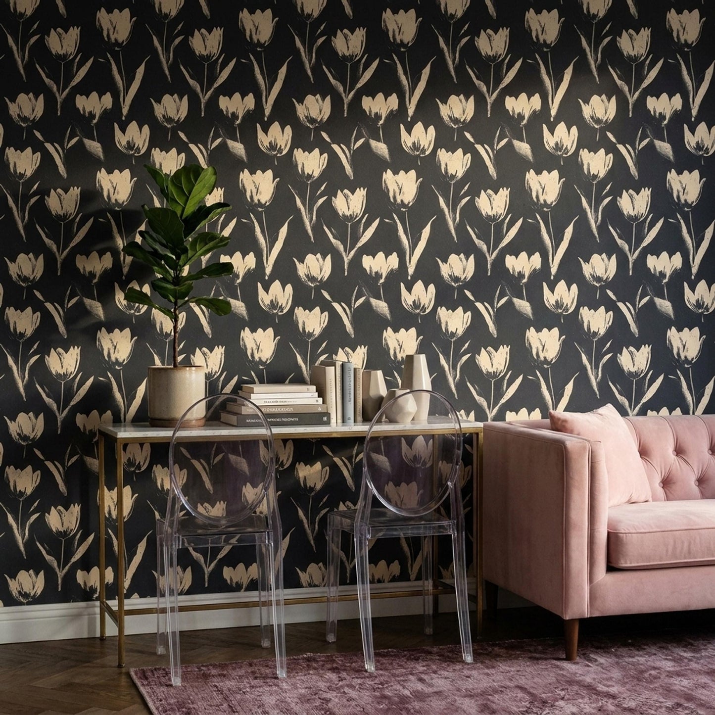Dark Tulip Pattern Wallpaper Seamless Floral Repeat Black Beige Botanical Wall Decor
