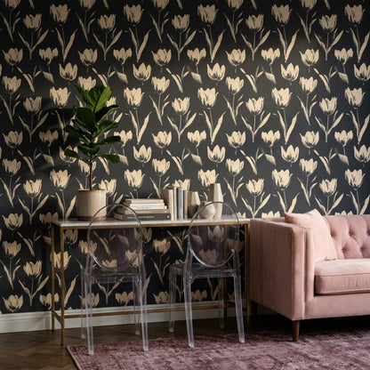 Dark Tulip Pattern Wallpaper Seamless Floral Repeat Black Beige Botanical Wall Decor