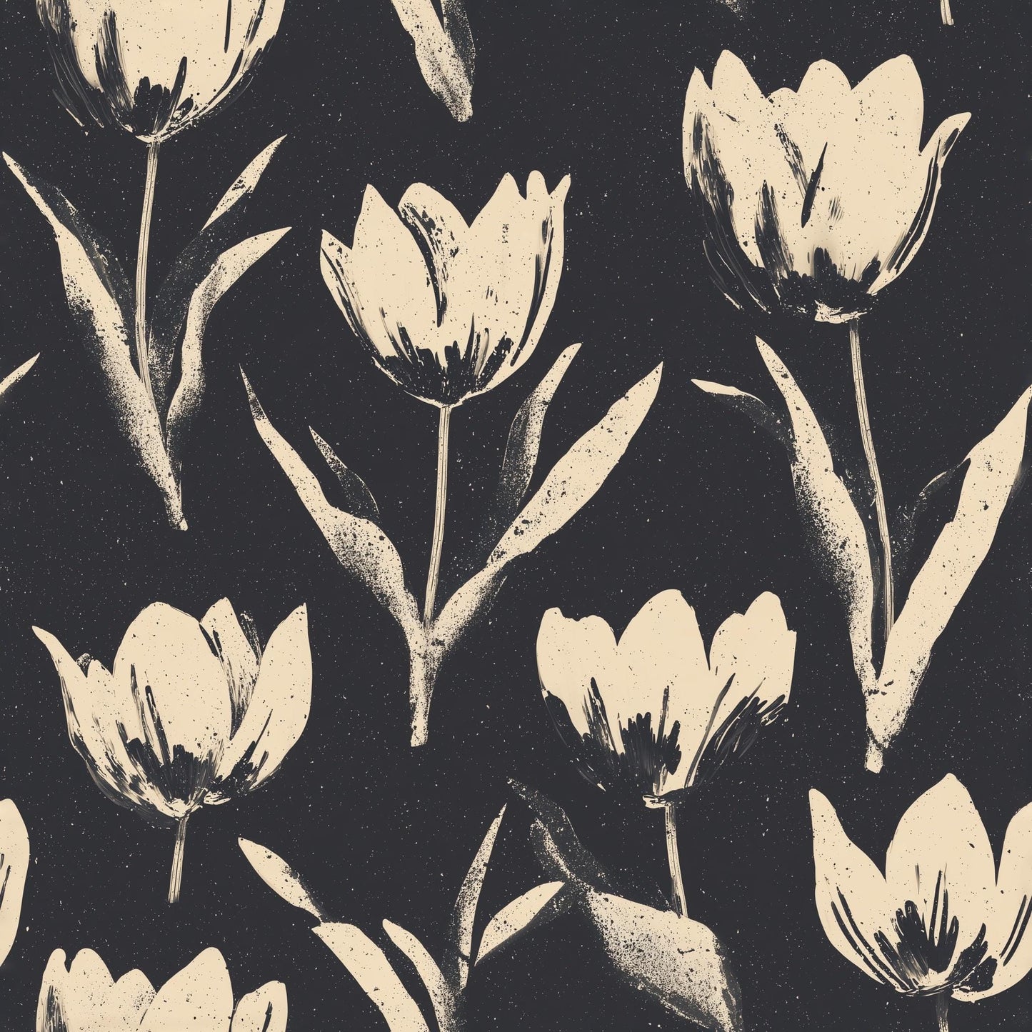 Dark Tulip Pattern Wallpaper Seamless Floral Repeat Black Beige Botanical Wall Decor