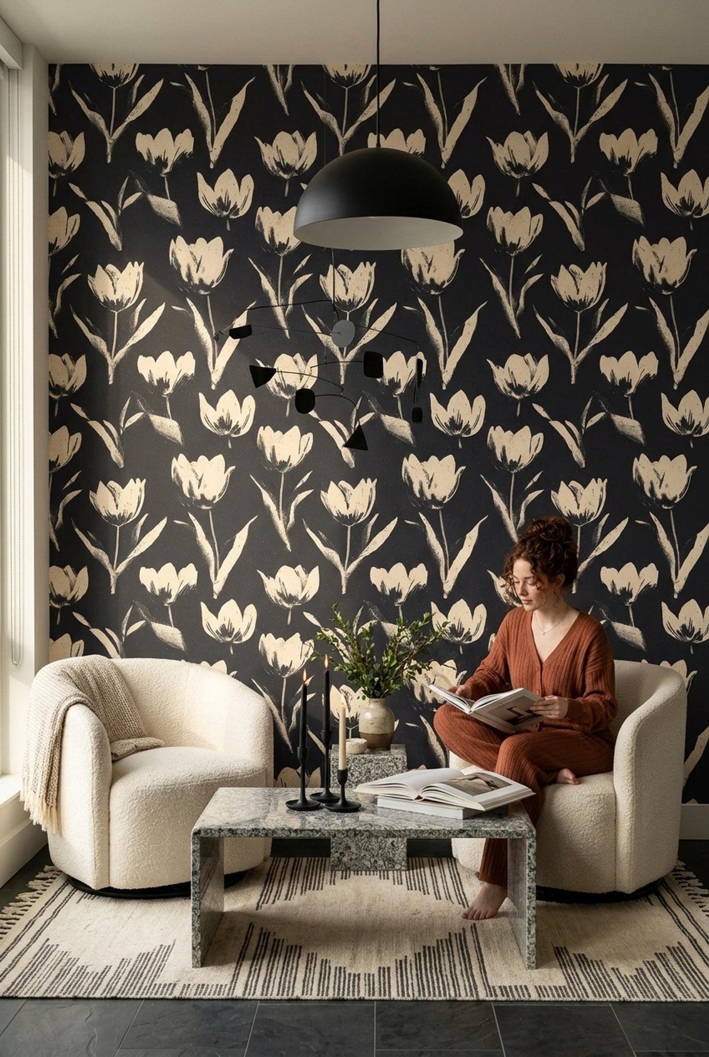 Dark Tulip Pattern Wallpaper Seamless Floral Repeat Black Beige Botanical Wall Decor