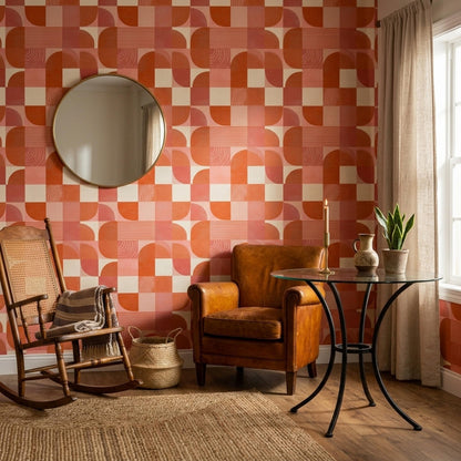 Retro Geometric Checkered Wallpaper Seamless Mid Century Modern Orange Pattern Wall Decor