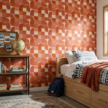 Retro Geometric Checkered Wallpaper Seamless Mid Century Modern Orange Pattern Wall Decor