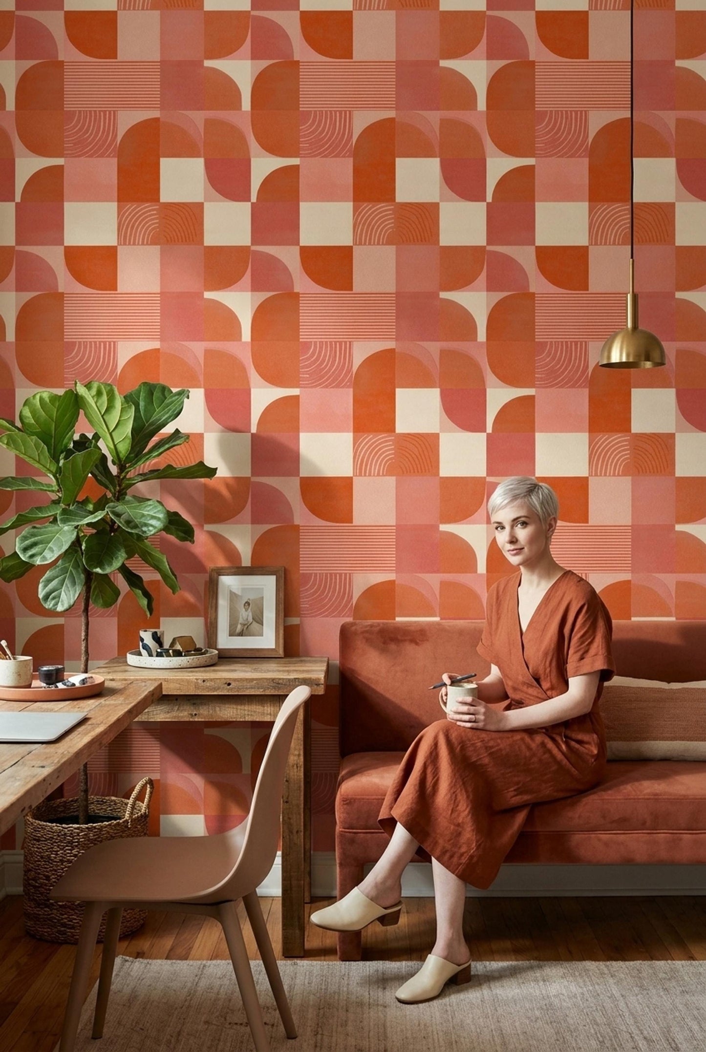 Retro Geometric Checkered Wallpaper Seamless Mid Century Modern Orange Pattern Wall Decor