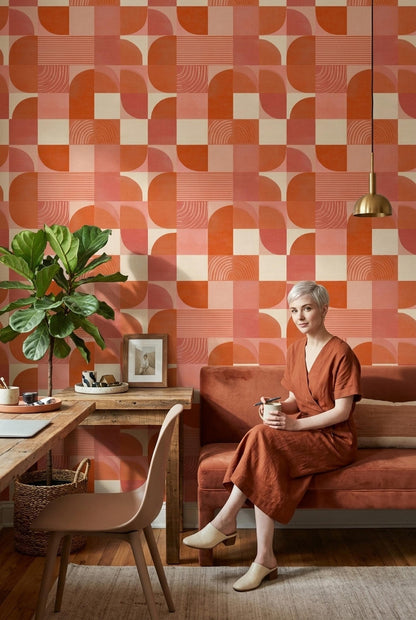 Retro Geometric Checkered Wallpaper Seamless Mid Century Modern Orange Pattern Wall Decor