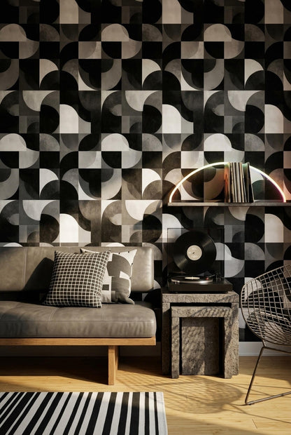 Modern Architectural Wallpaper Seamless Abstract Grid Pattern Black Neutral Luxury Wall Design
