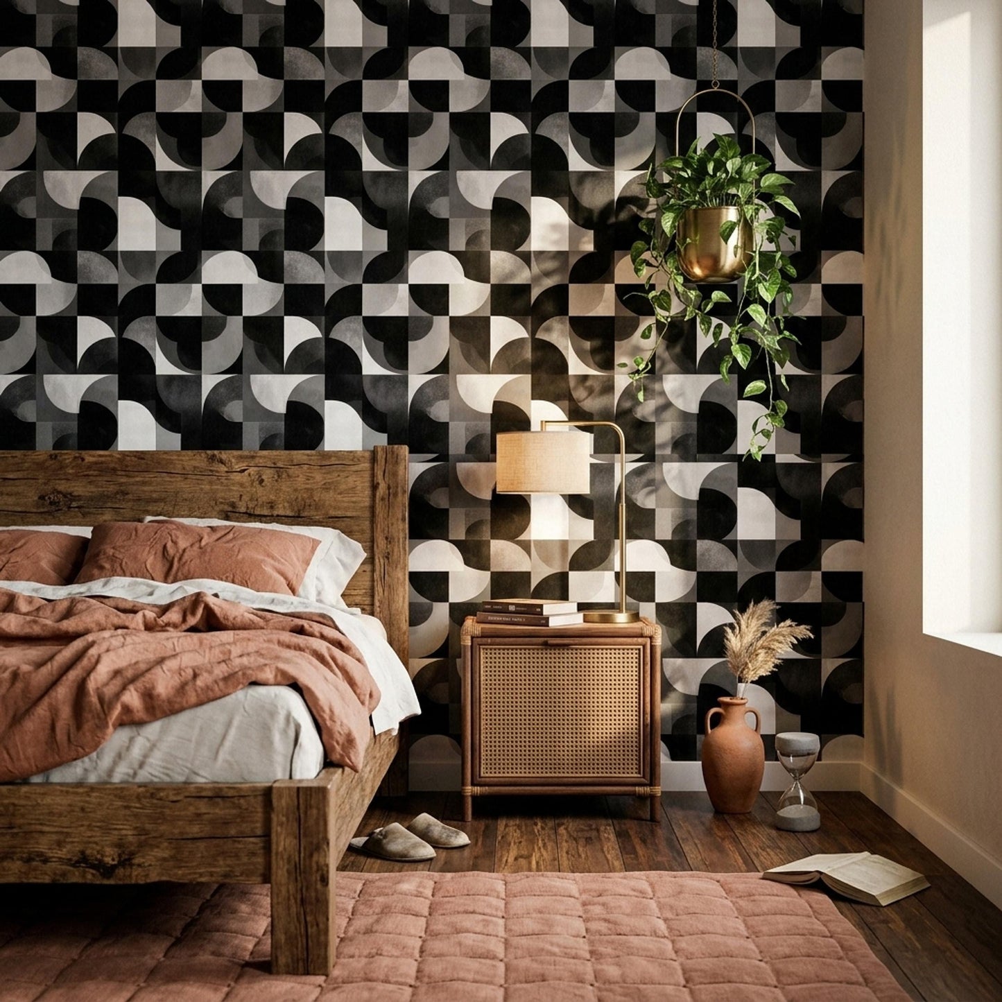 Modern Architectural Wallpaper Seamless Abstract Grid Pattern Black Neutral Luxury Wall Design