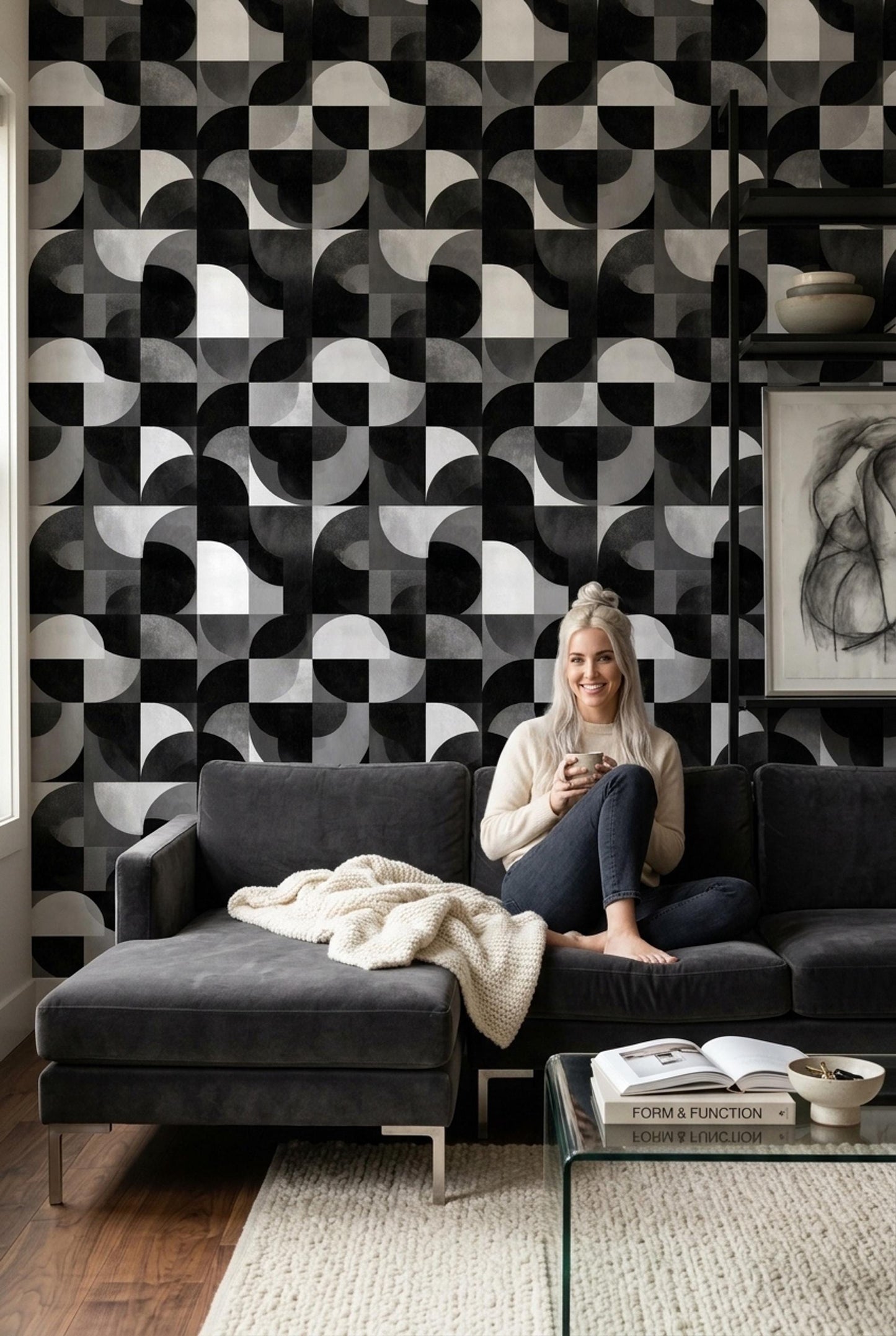 Modern Architectural Wallpaper Seamless Abstract Grid Pattern Black Neutral Luxury Wall Design