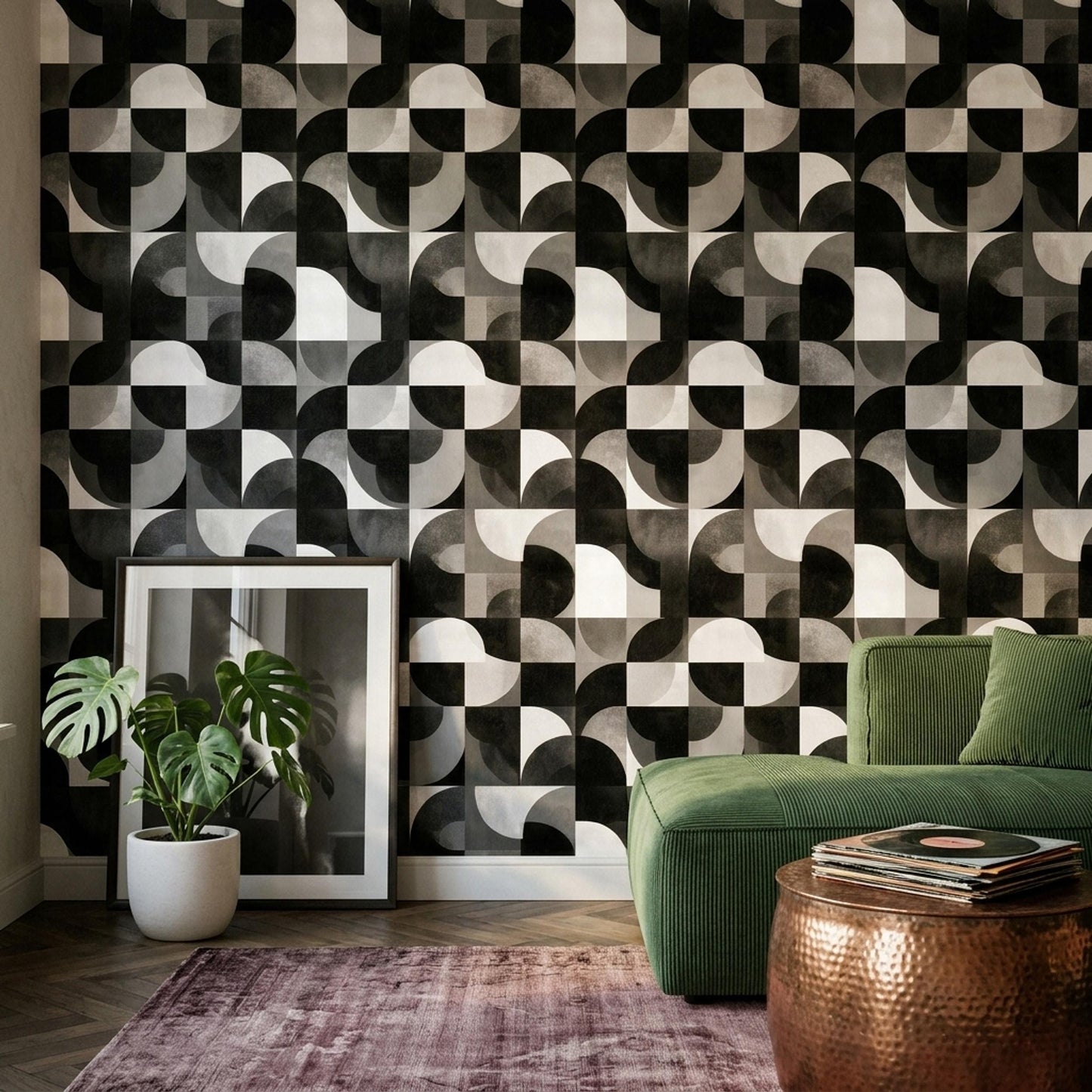 Modern Architectural Wallpaper Seamless Abstract Grid Pattern Black Neutral Luxury Wall Design