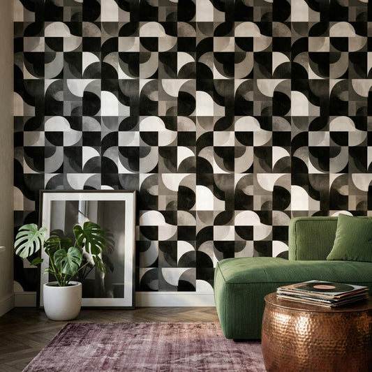 Modern Architectural Wallpaper Seamless Abstract Grid Pattern Black Neutral Luxury Wall Design