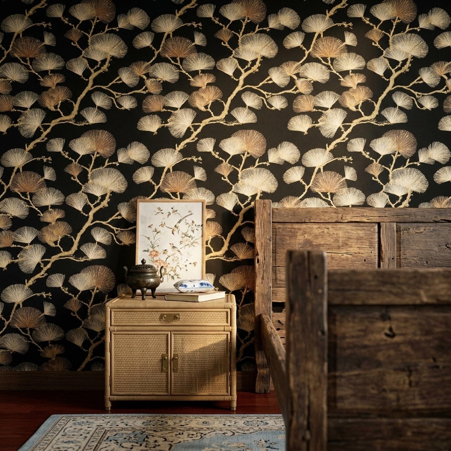 Black Gold Wallpaper Art Deco Ginkgo Pattern Seamless Repeat Luxury Wall Decor