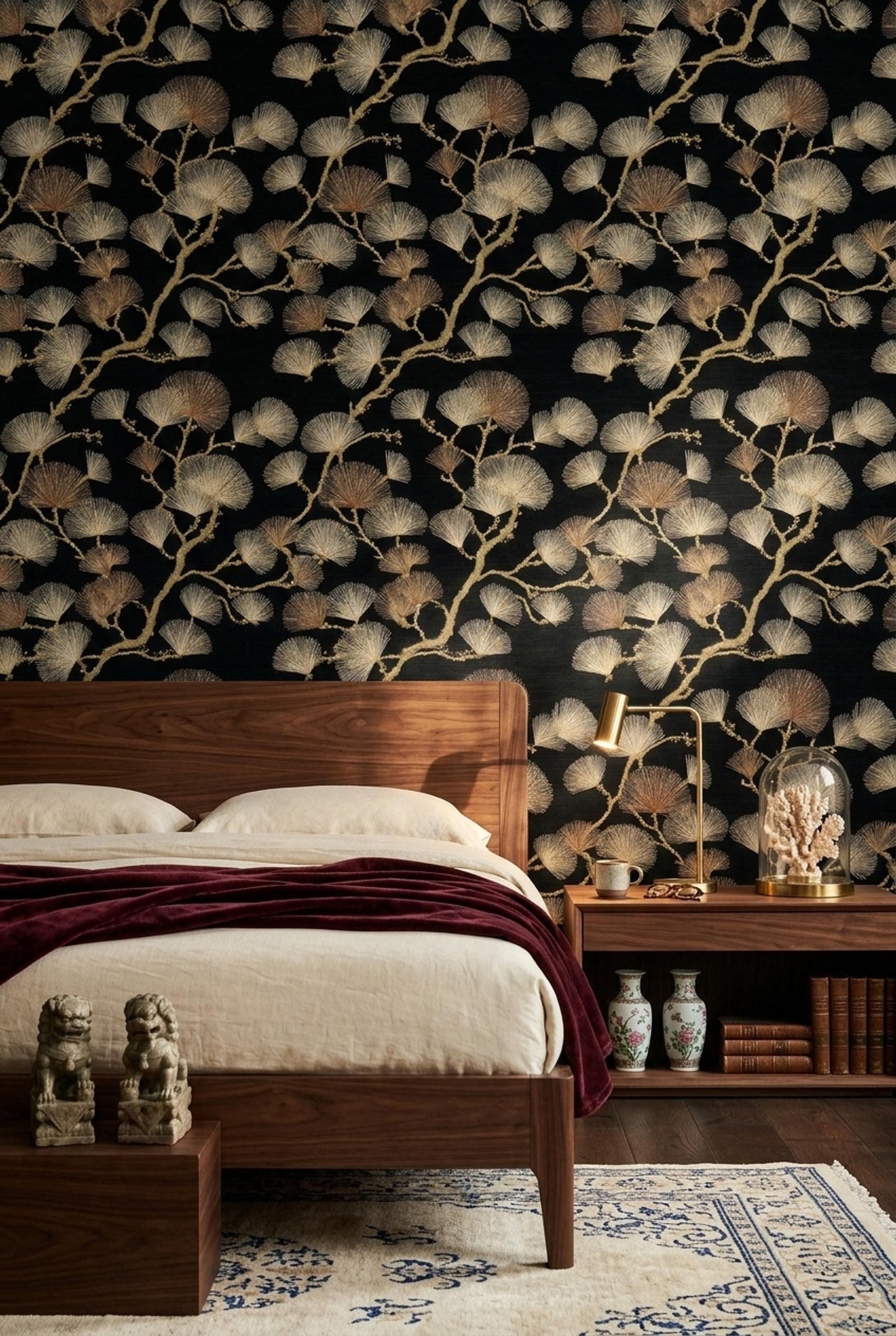 Black Gold Wallpaper Art Deco Ginkgo Pattern Seamless Repeat Luxury Wall Decor