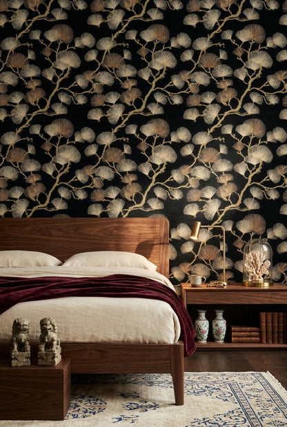 Black Gold Wallpaper Art Deco Ginkgo Pattern Seamless Repeat Luxury Wall Decor