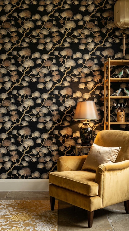 Black Gold Wallpaper Art Deco Ginkgo Pattern Seamless Repeat Luxury Wall Decor