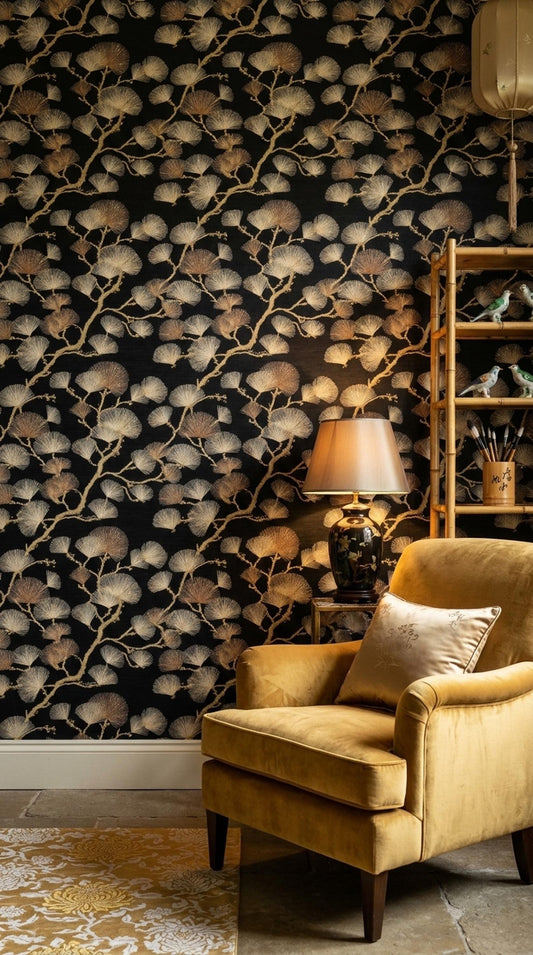 Black Gold Wallpaper Art Deco Ginkgo Pattern Seamless Repeat Luxury Wall Decor