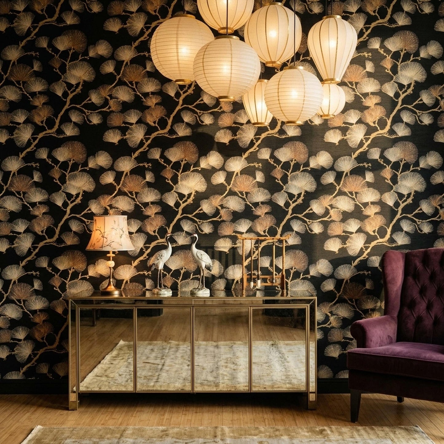 Black Gold Wallpaper Art Deco Ginkgo Pattern Seamless Repeat Luxury Wall Decor