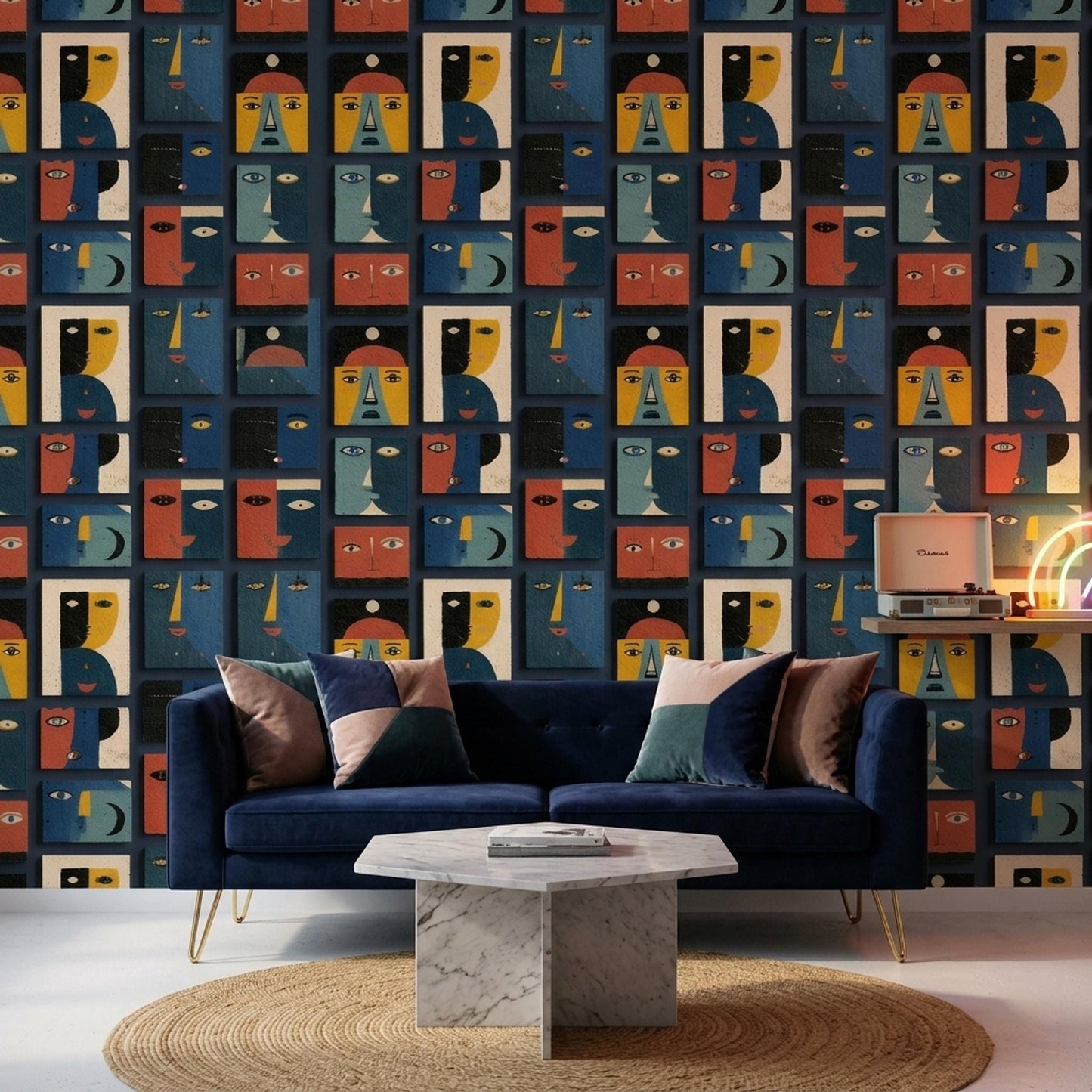 Abstract Faces Wallpaper Modern Art Pattern Cubist Portrait Seamless Repeat Wall Decor