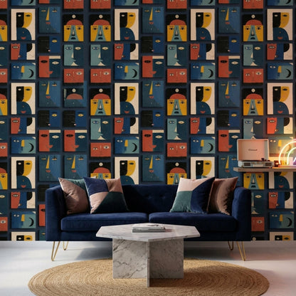 Abstract Faces Wallpaper Modern Art Pattern Cubist Portrait Seamless Repeat Wall Decor