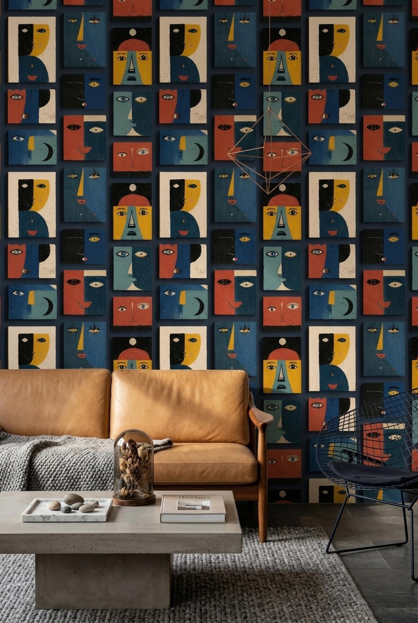 Abstract Faces Wallpaper Modern Art Pattern Cubist Portrait Seamless Repeat Wall Decor
