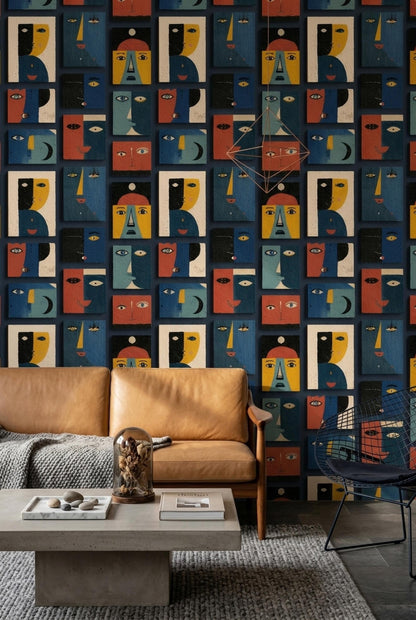 Abstract Faces Wallpaper Modern Art Pattern Cubist Portrait Seamless Repeat Wall Decor