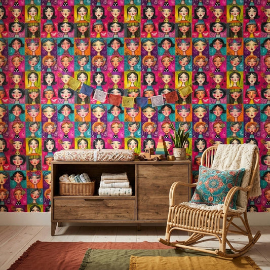 Colorful Boho Faces Wallpaper Folk Art Portrait Pattern Seamless Repeat Girls Room Decor
