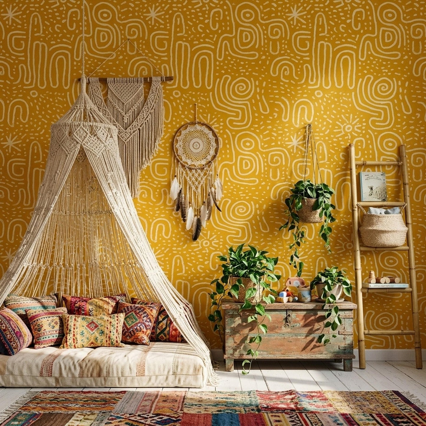 Mustard Abstract Line Wallpaper Boho Tribal Pattern Seamless Repeat Modern Wall Decor