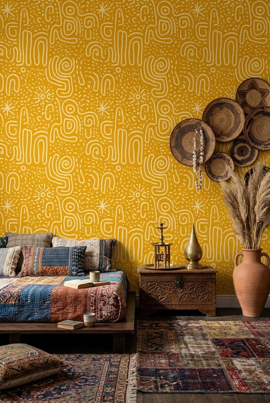 Mustard Abstract Line Wallpaper Boho Tribal Pattern Seamless Repeat Modern Wall Decor