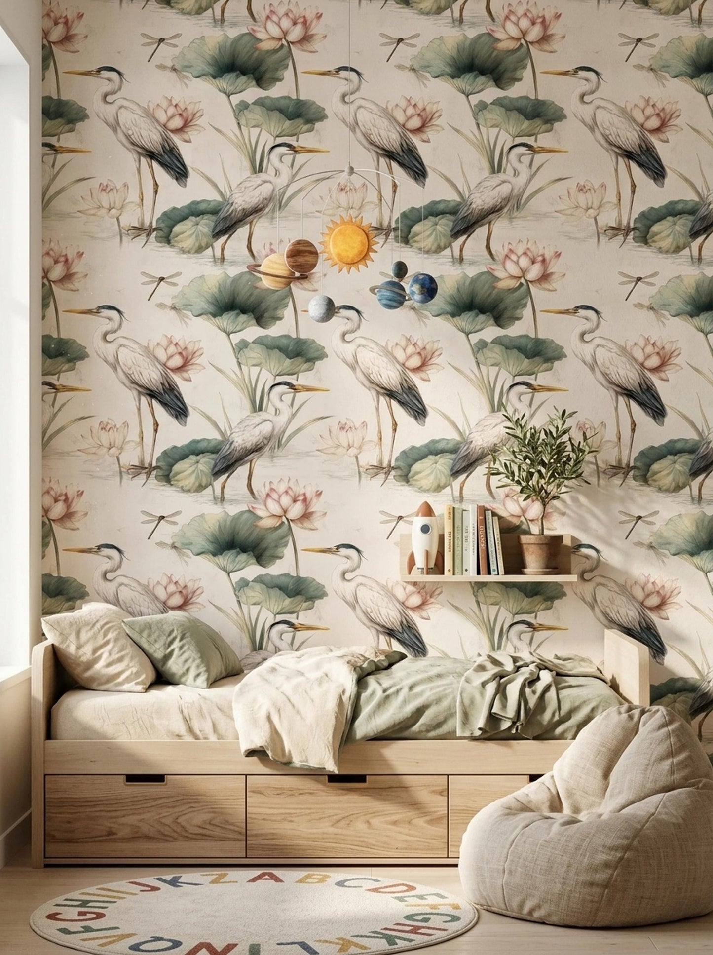 Crane Lotus Wallpaper Asian Inspired Bird Pattern Japandi Wall Decor Serene Nature Repeat Wallpaper