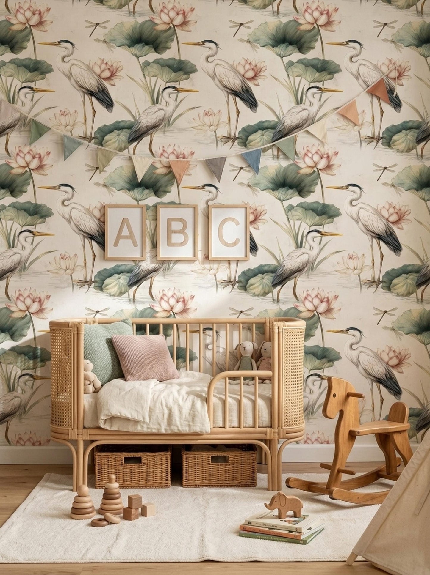 Crane Lotus Wallpaper Asian Inspired Bird Pattern Japandi Wall Decor Serene Nature Repeat Wallpaper