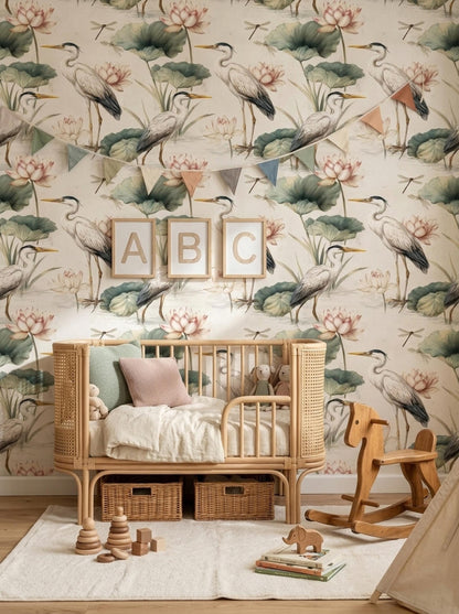 Crane Lotus Wallpaper Asian Inspired Bird Pattern Japandi Wall Decor Serene Nature Repeat Wallpaper