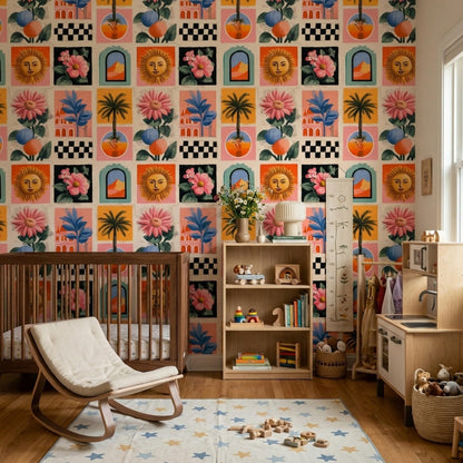Retro Tile Wallpaper Mediterranean Pattern Eclectic Art Print Colorful Modern Wall Decor Repeat