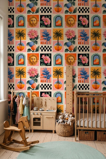 Retro Tile Wallpaper Mediterranean Pattern Eclectic Art Print Colorful Modern Wall Decor Repeat