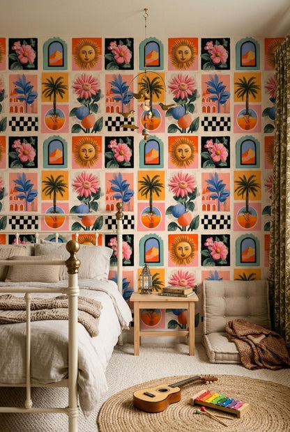 Retro Tile Wallpaper Mediterranean Pattern Eclectic Art Print Colorful Modern Wall Decor Repeat