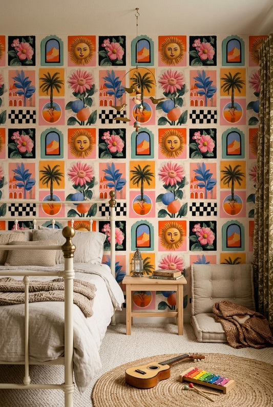 Retro Tile Wallpaper Mediterranean Pattern Eclectic Art Print Colorful Modern Wall Decor Repeat
