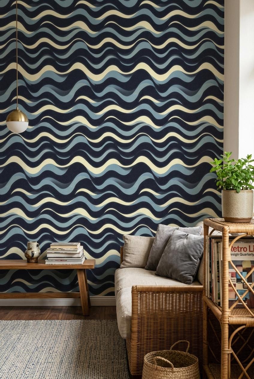 Navy Wave Wallpaper Modern Coastal Pattern Abstract Ocean Lines Minimal Wall Decor Repeat
