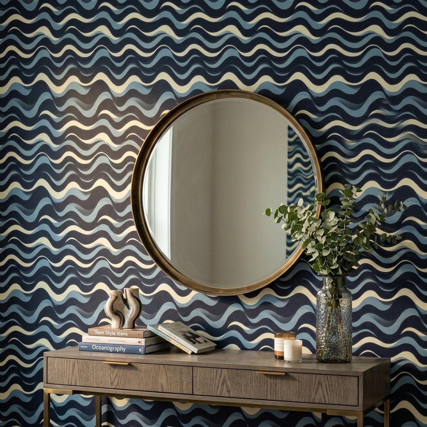 Navy Wave Wallpaper Modern Coastal Pattern Abstract Ocean Lines Minimal Wall Decor Repeat