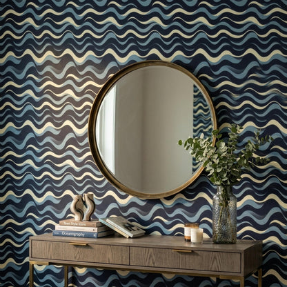 Navy Wave Wallpaper Modern Coastal Pattern Abstract Ocean Lines Minimal Wall Decor Repeat