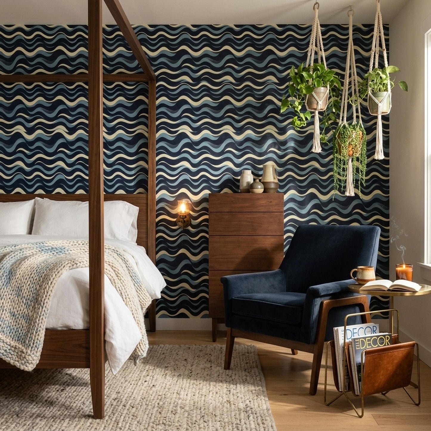 Navy Wave Wallpaper Modern Coastal Pattern Abstract Ocean Lines Minimal Wall Decor Repeat