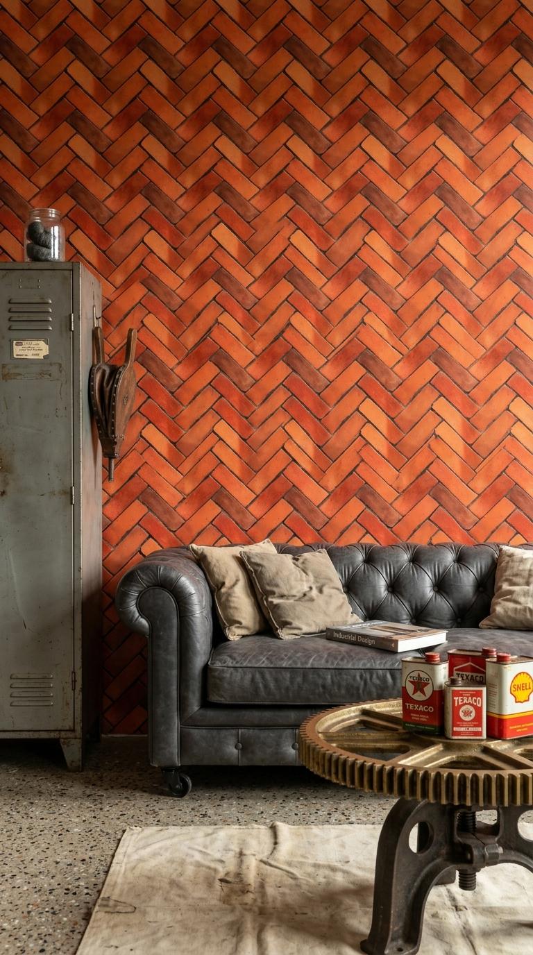 Brick Wallpaper Rustic Industrial Wall Design Herringbone Pattern Red Brick Effect Decor