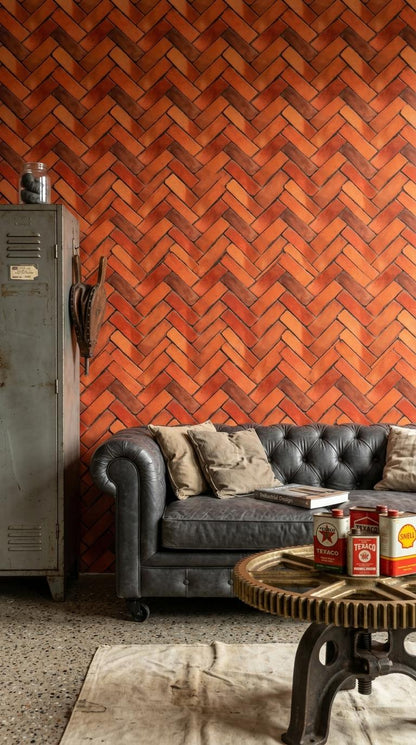 Brick Wallpaper Rustic Industrial Wall Design Herringbone Pattern Red Brick Effect Decor