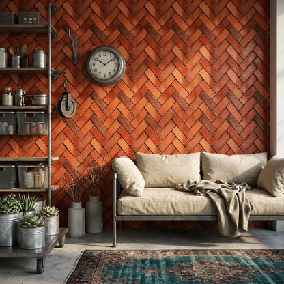 Brick Wallpaper Rustic Industrial Wall Design Herringbone Pattern Red Brick Effect Decor