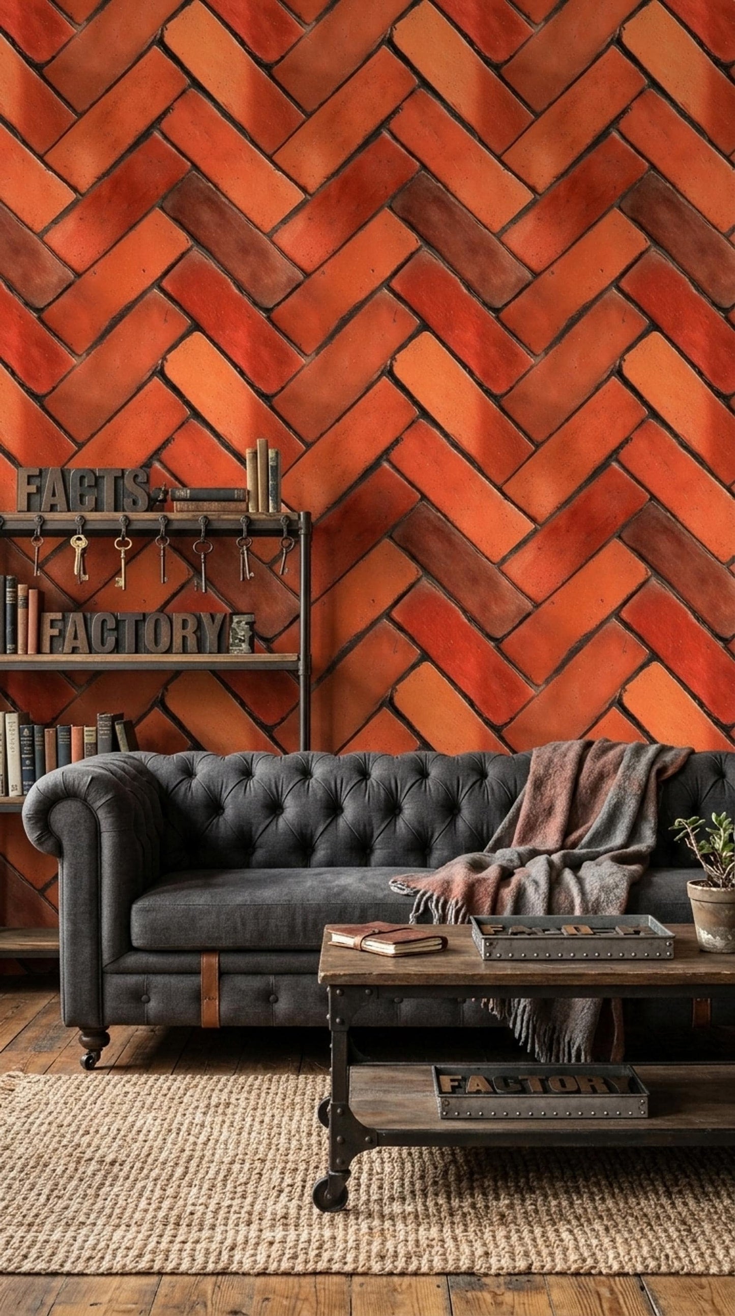 Brick Wallpaper Rustic Industrial Wall Design Herringbone Pattern Red Brick Effect Decor