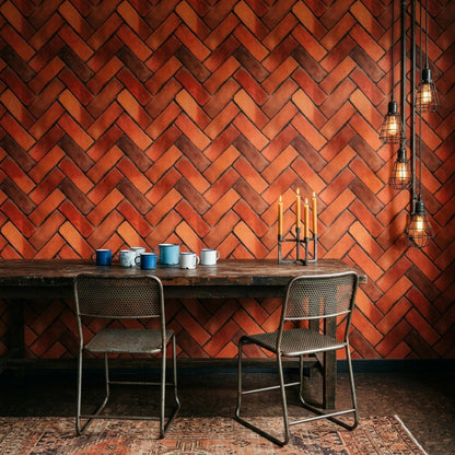 Brick Wallpaper Rustic Industrial Wall Design Herringbone Pattern Red Brick Effect Decor