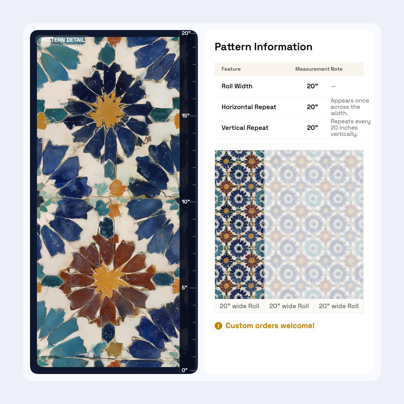 Moroccan Tile Wallpaper Blue Pattern Mediterranean Wall Decor Boho Mosaic Design