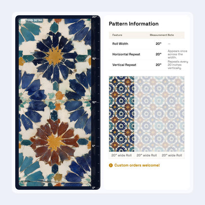 Moroccan Tile Wallpaper Blue Pattern Mediterranean Wall Decor Boho Mosaic Design