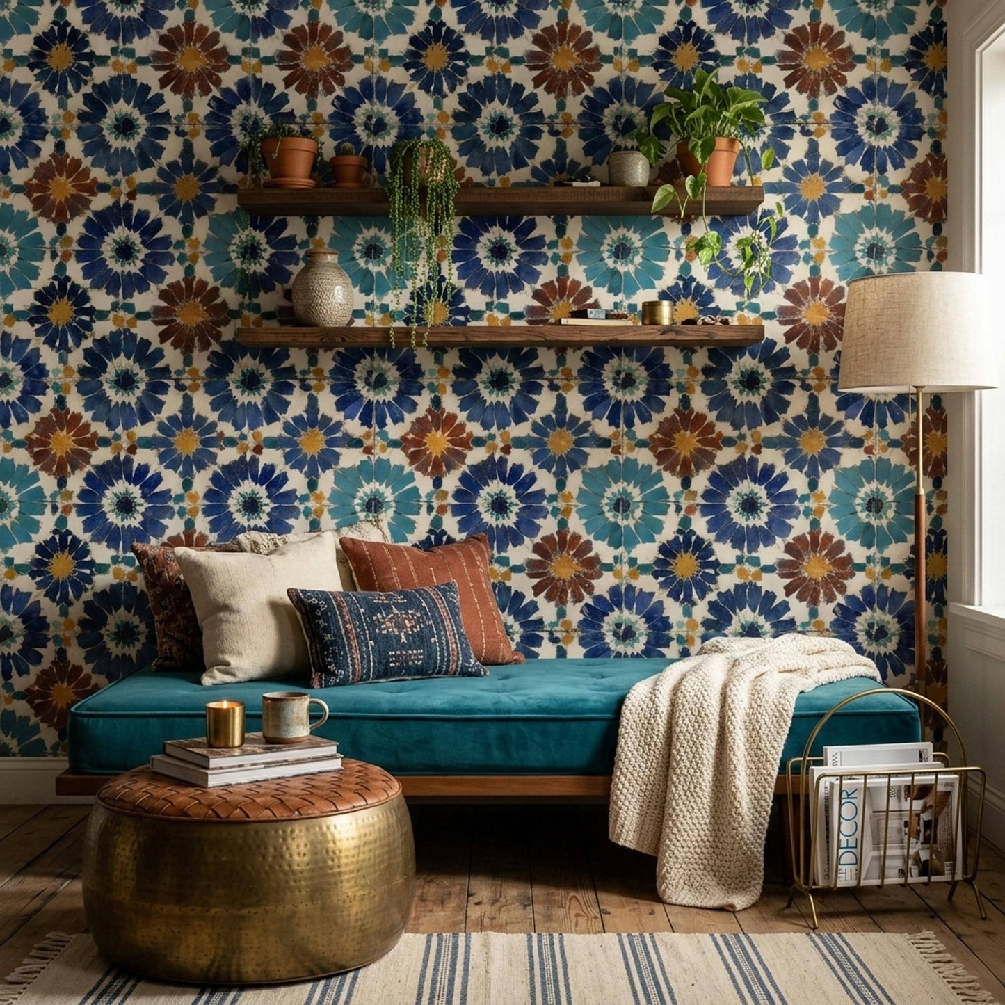 Moroccan Tile Wallpaper Blue Pattern Mediterranean Wall Decor Boho Mosaic Design