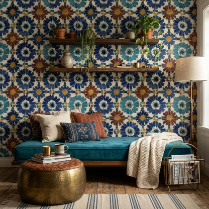 Moroccan Tile Wallpaper Blue Pattern Mediterranean Wall Decor Boho Mosaic Design