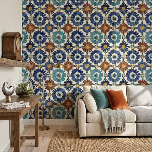 Moroccan Tile Wallpaper Blue Pattern Mediterranean Wall Decor Boho Mosaic Design