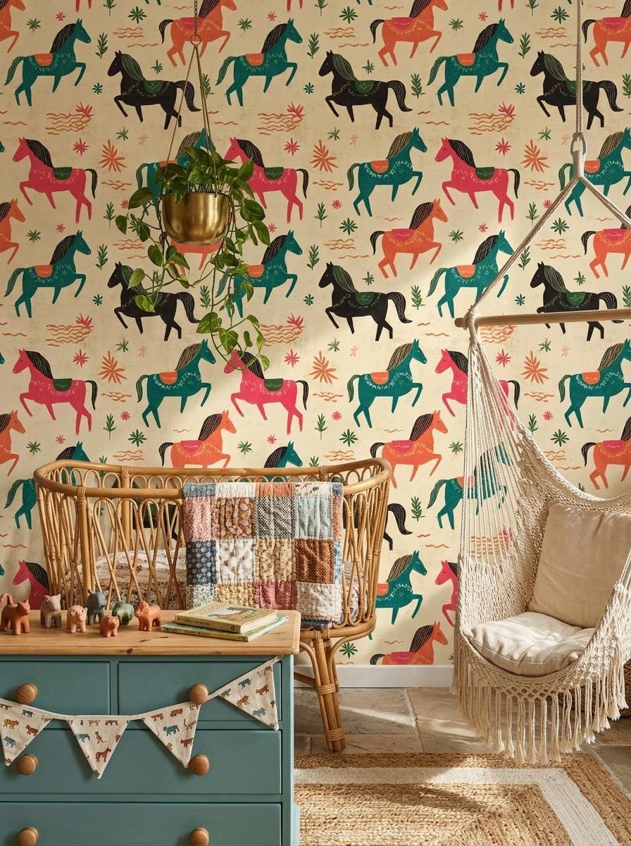 Kids Nursery Horse Wallpaper Folk Art Animal Pattern Removable Wall Decor