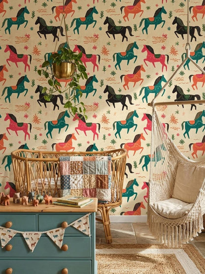 Kids Nursery Horse Wallpaper Folk Art Animal Pattern Removable Wall Decor