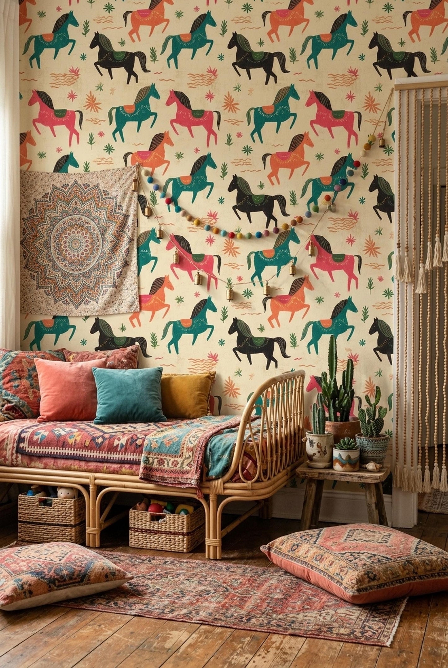 Kids Nursery Horse Wallpaper Folk Art Animal Pattern Removable Wall Decor